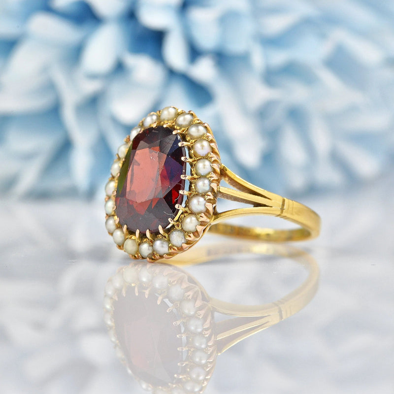 Ellibelle Jewellery Antique Bohemian Garnet & Seed Pearl 18ct Gold Cluster Ring