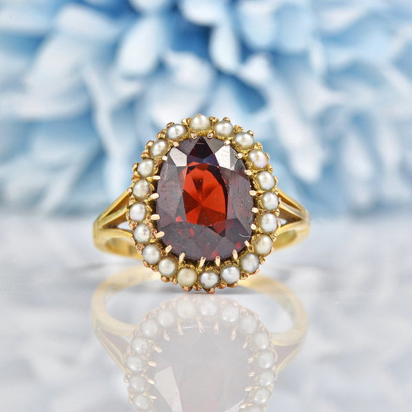 Ellibelle Jewellery Antique Bohemian Garnet & Seed Pearl 18ct Gold Cluster Ring