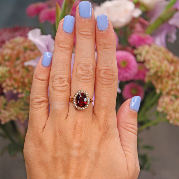 Ellibelle Jewellery Antique Bohemian Garnet & Seed Pearl 18ct Gold Cluster Ring