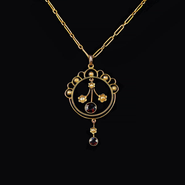 Ellibelle Jewellery Antique Edwardian Garnet & Pearl Pendant Necklace