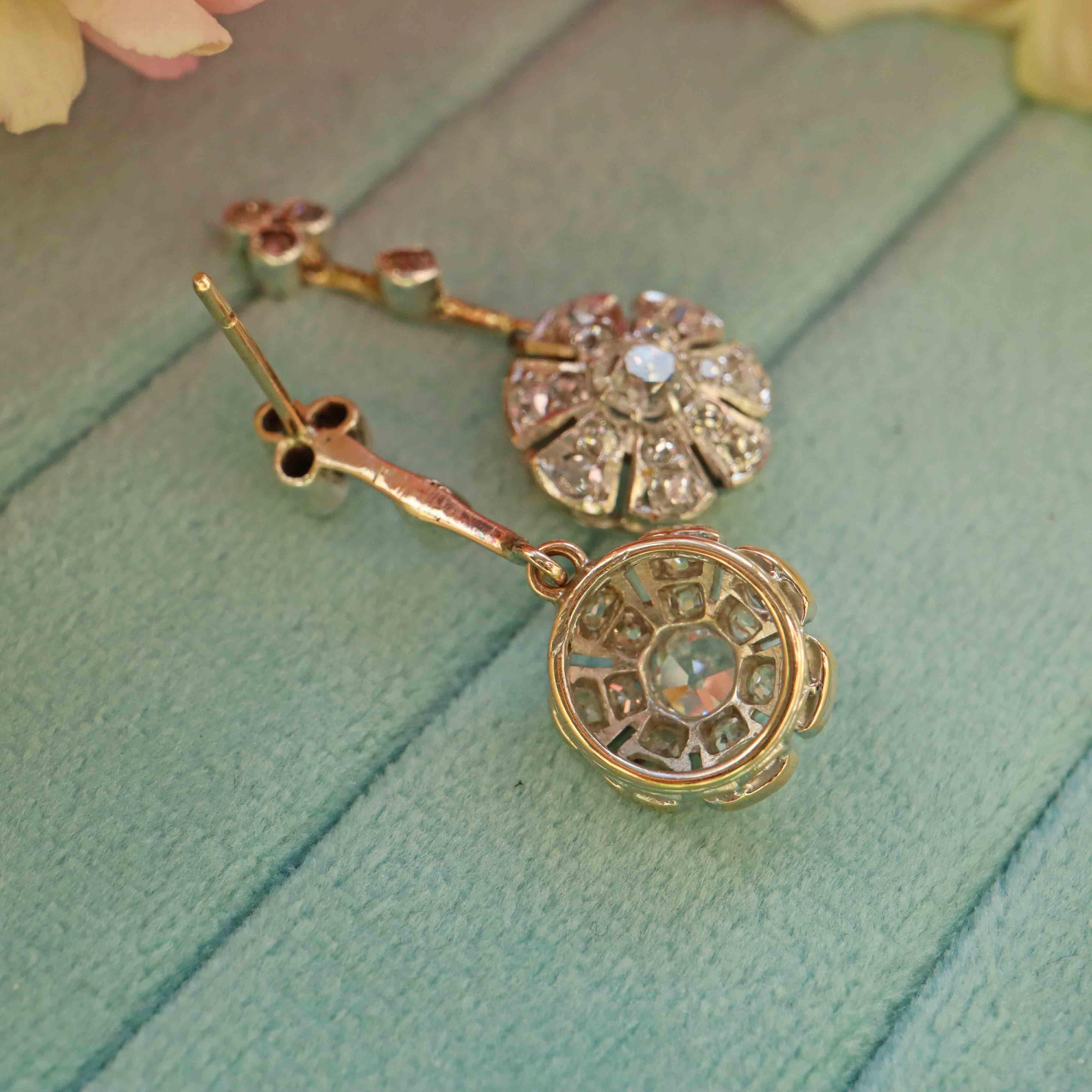 Ellibelle Jewellery Antique Edwardian Rose Cut Diamond Cluster Drop Earrings