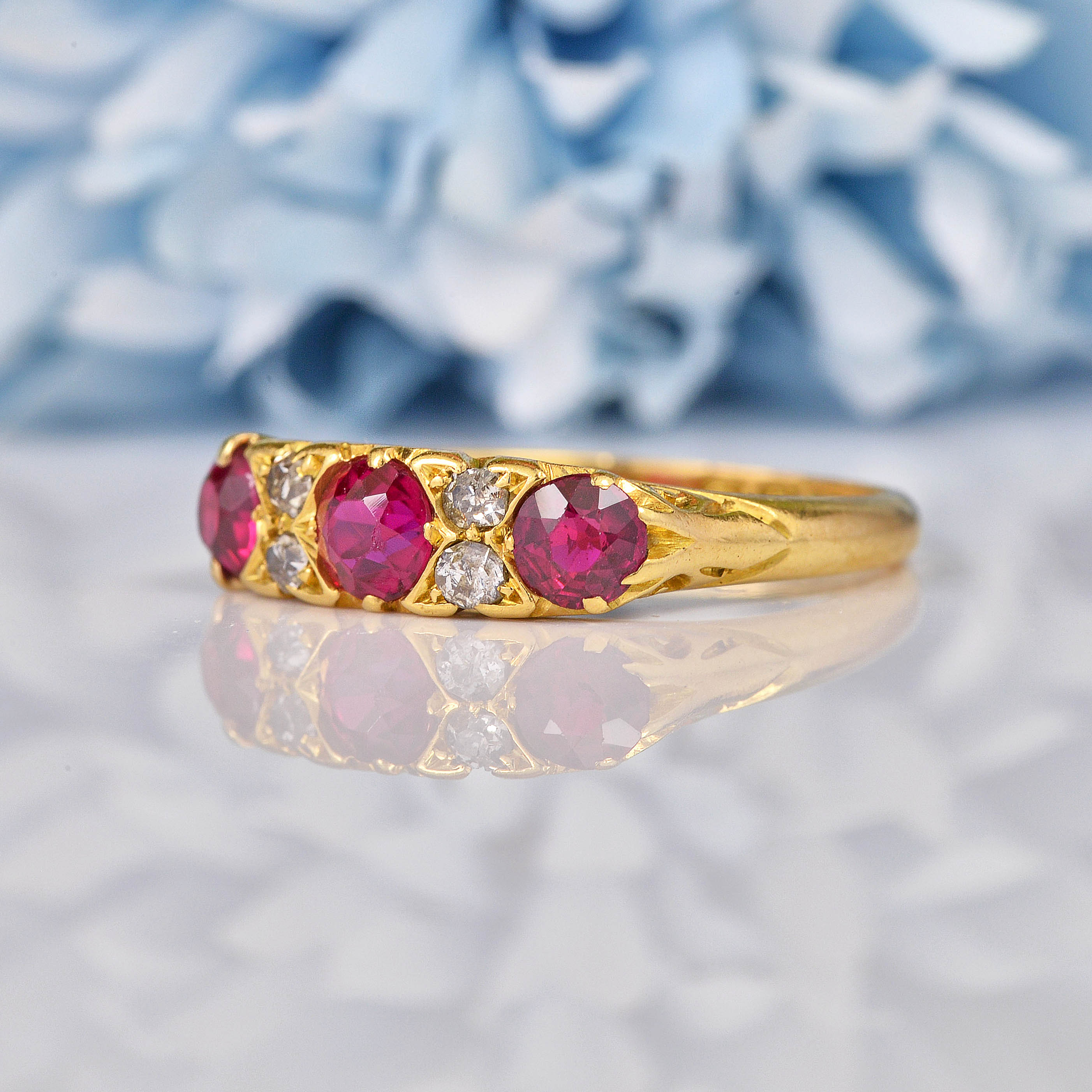 Ellibelle Jewellery Antique Edwardian Ruby & Diamond Carved Half Hoop Ring