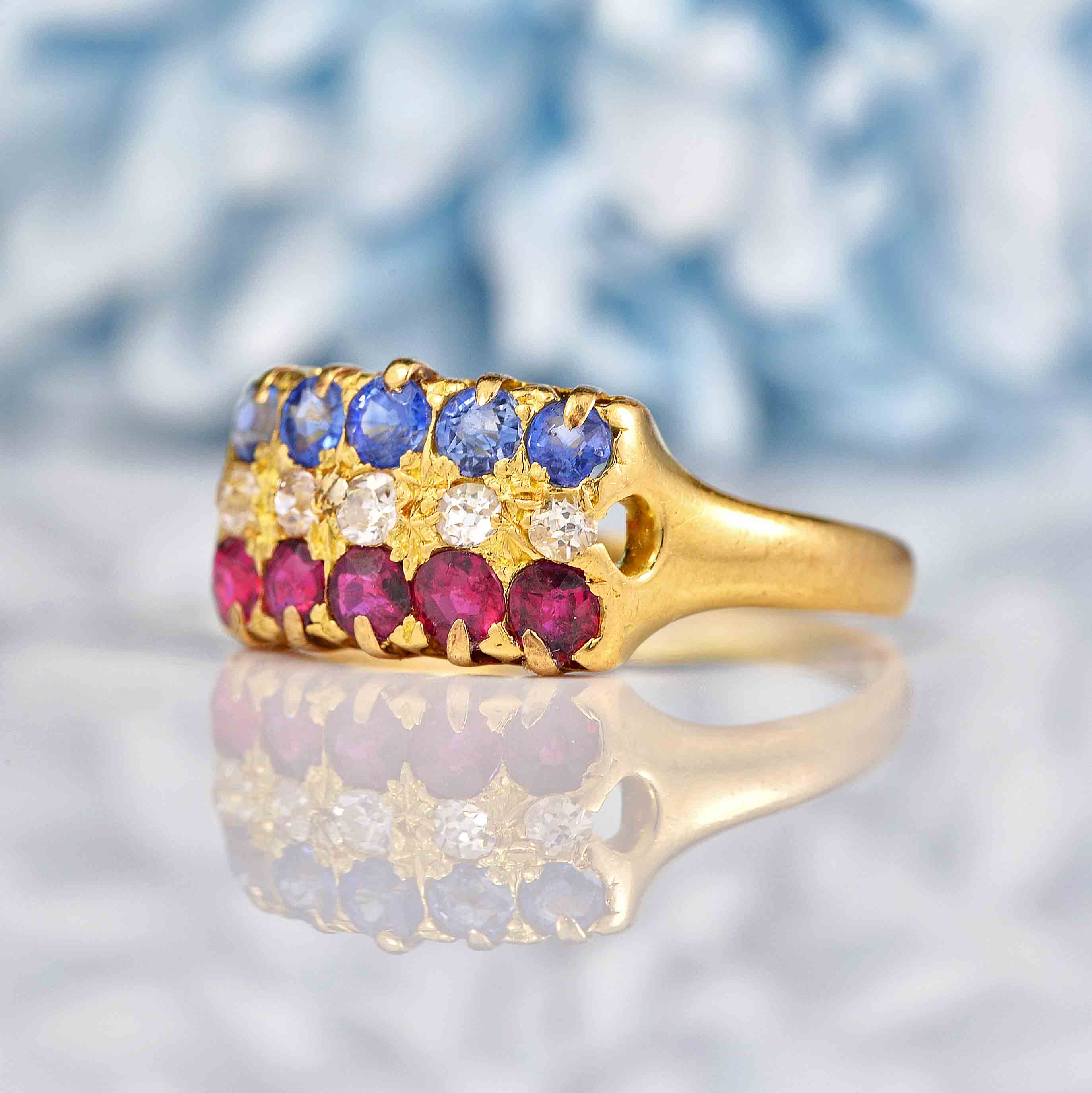 Ellibelle Jewellery Antique Edwardian Sapphire, Ruby & Diamond 18ct Gold Ring