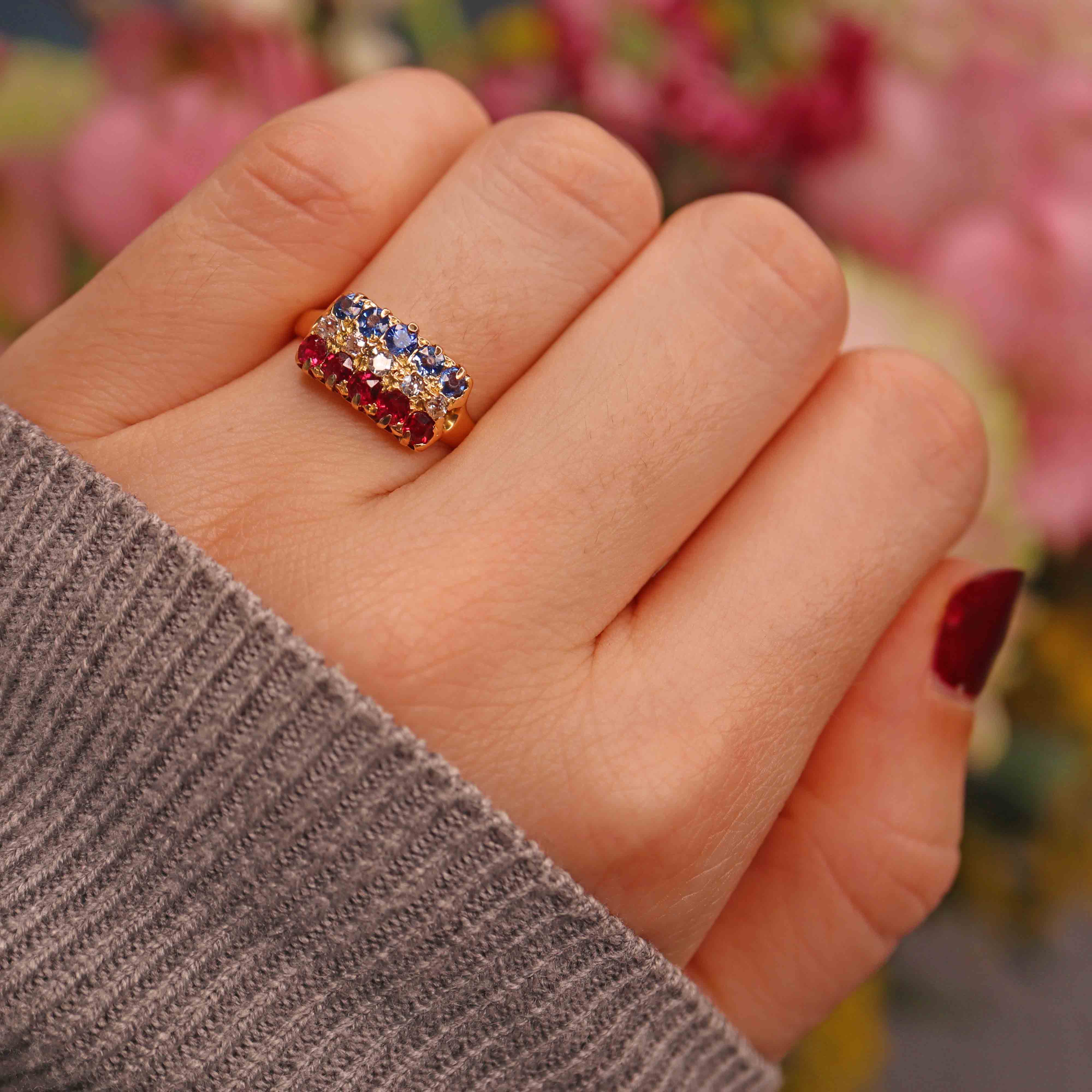 Ellibelle Jewellery Antique Edwardian Sapphire, Ruby & Diamond 18ct Gold Ring