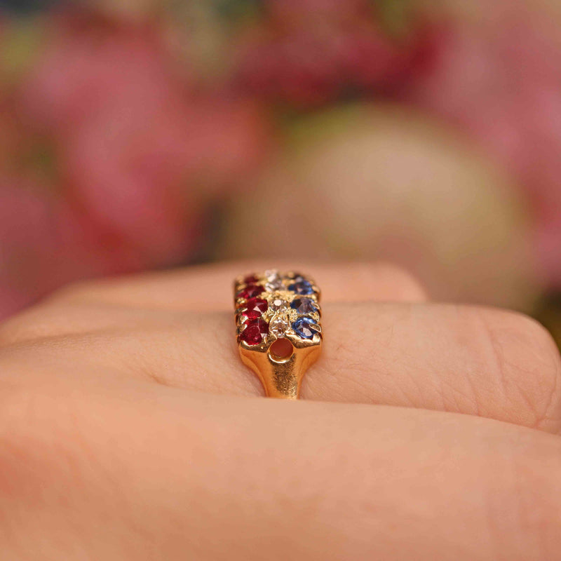 Ellibelle Jewellery Antique Edwardian Sapphire, Ruby & Diamond 18ct Gold Ring