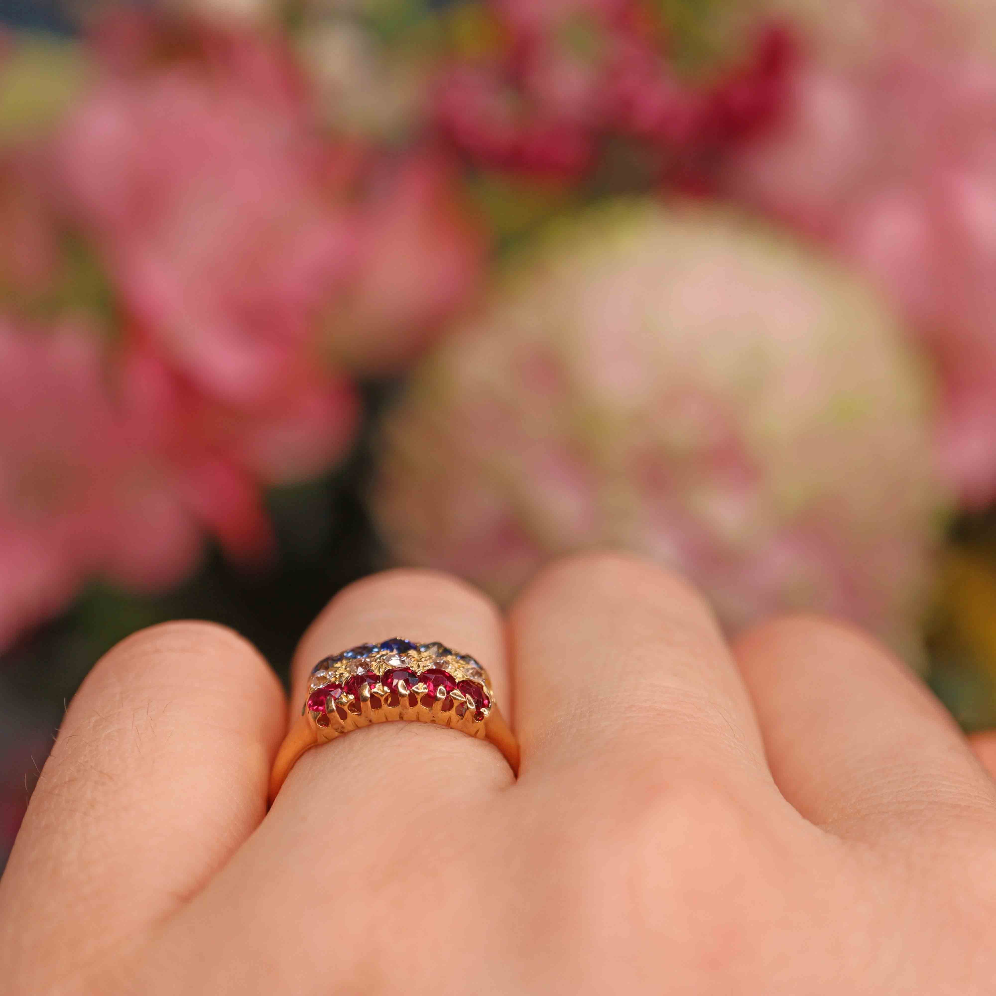 Ellibelle Jewellery Antique Edwardian Sapphire, Ruby & Diamond 18ct Gold Ring