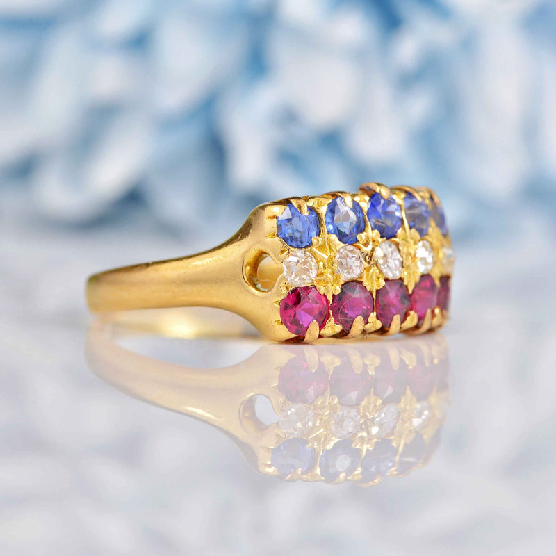 Ellibelle Jewellery Antique Edwardian Sapphire, Ruby & Diamond 18ct Gold Ring