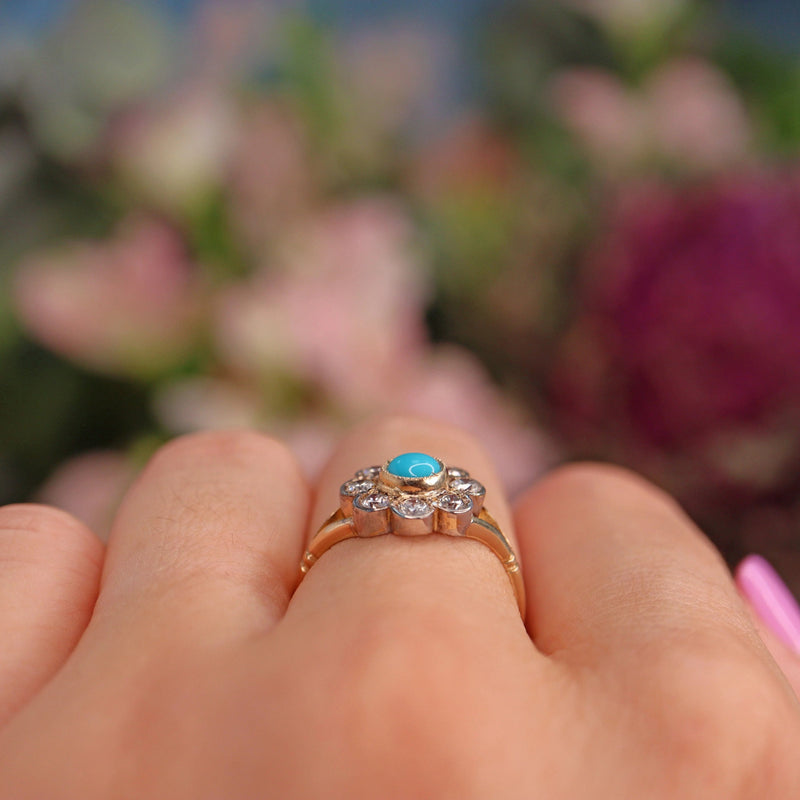 Ellibelle Jewellery Antique Edwardian Style Turquoise & Diamond Daisy Cluster Ring