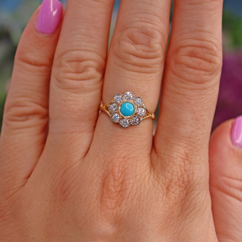 Ellibelle Jewellery Antique Edwardian Style Turquoise & Diamond Daisy Cluster Ring