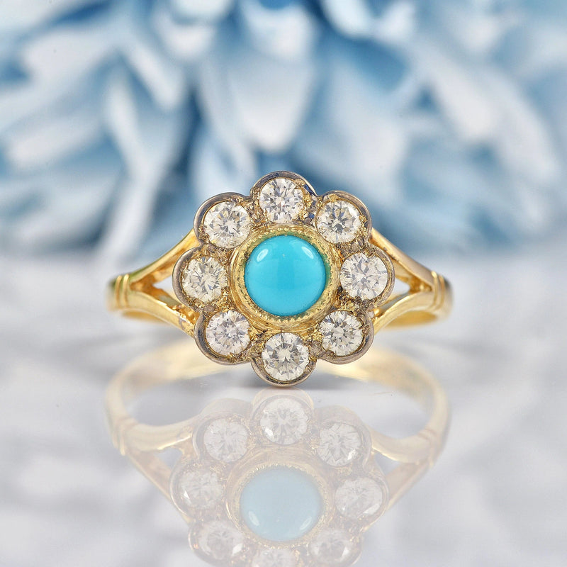 Ellibelle Jewellery Antique Edwardian Style Turquoise & Diamond Daisy Cluster Ring