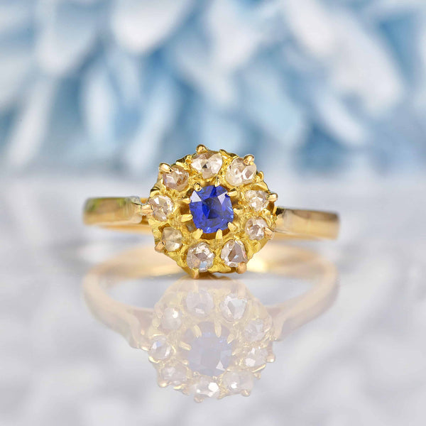 Ellibelle Jewellery Antique Natural Sapphire & Rose Cut Diamond Cluster Ring