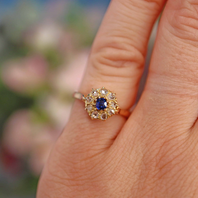 Ellibelle Jewellery Antique Natural Sapphire & Rose Cut Diamond Cluster Ring