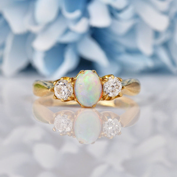 Ellibelle Jewellery Antique Opal & Diamond 18ct Gold Three Stone Ring