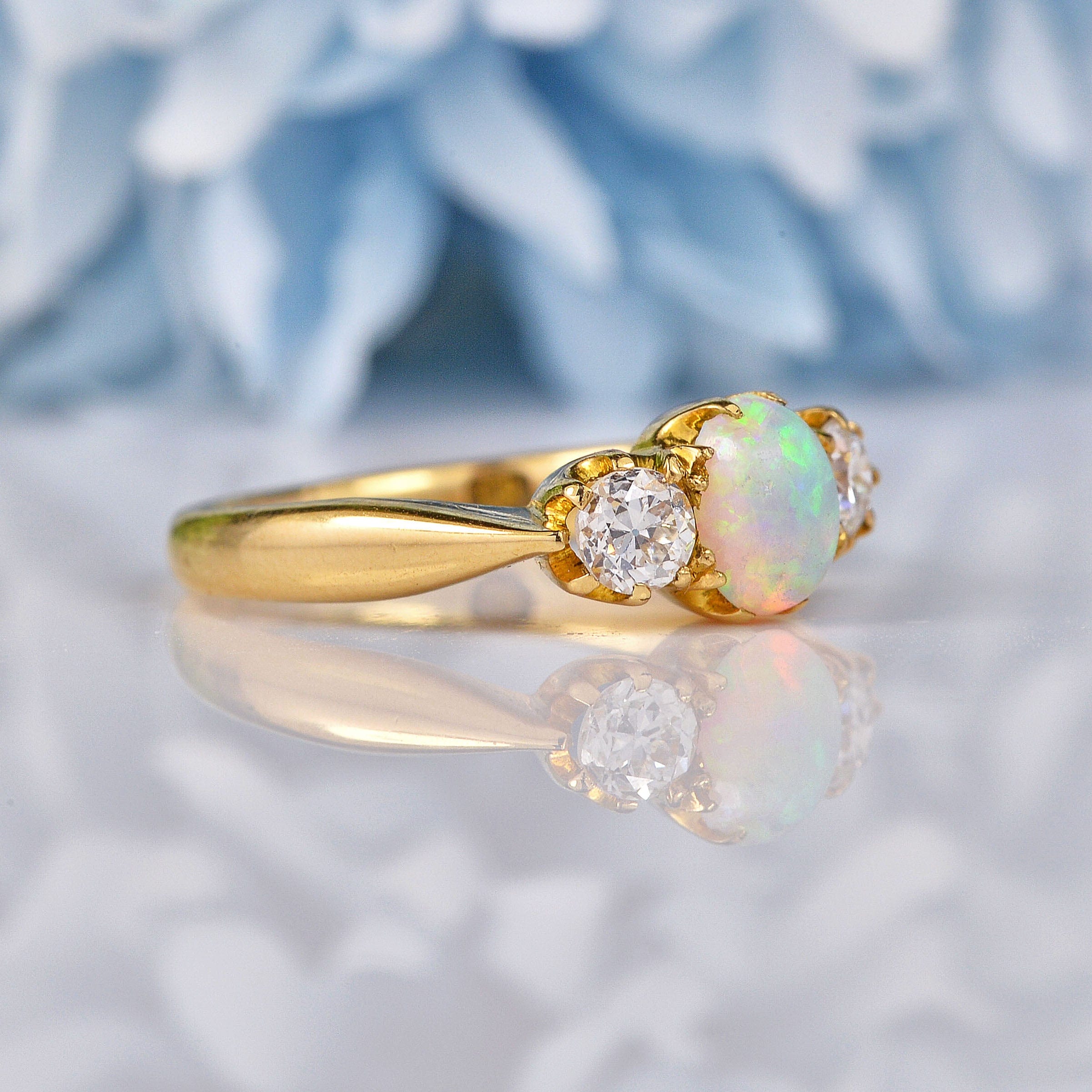 Ellibelle Jewellery Antique Opal & Diamond 18ct Gold Three Stone Ring