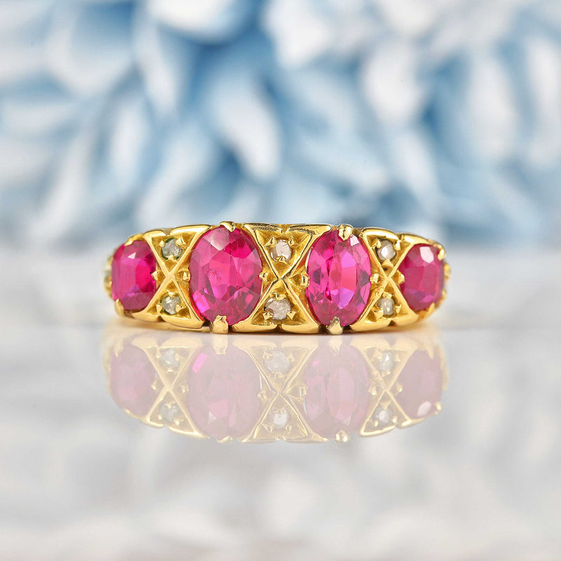 Ellibelle Jewellery Antique Ruby & Diamond 18ct Gold Carved Half Hoop Ring