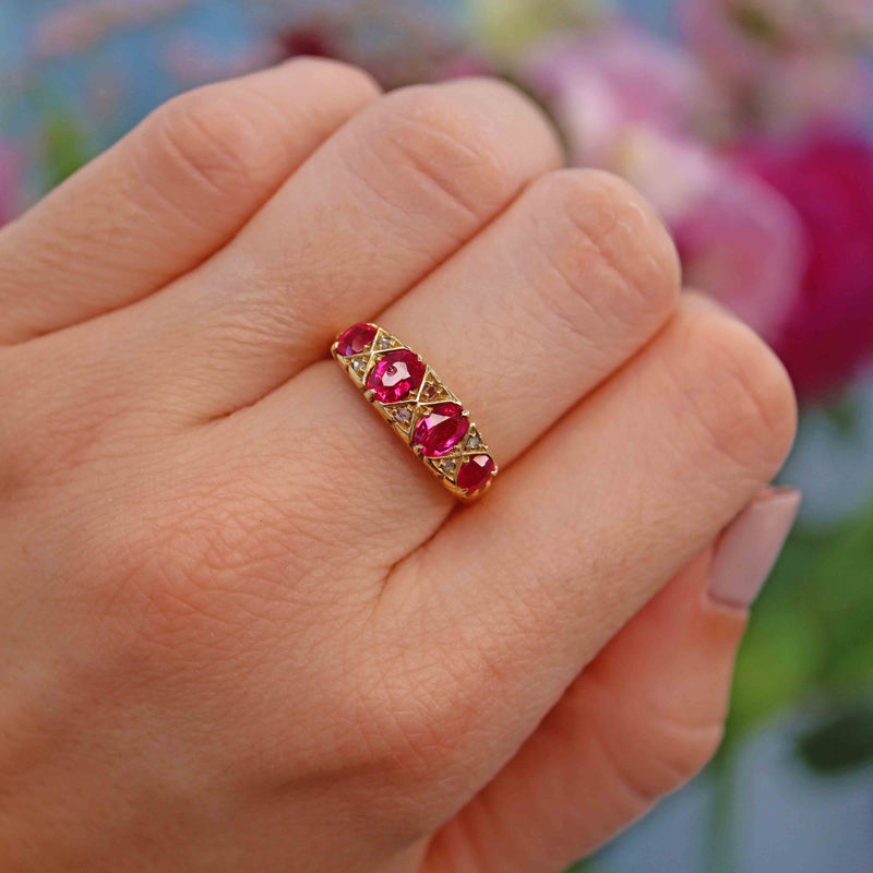 Ellibelle Jewellery Antique Ruby & Diamond 18ct Gold Carved Half Hoop Ring