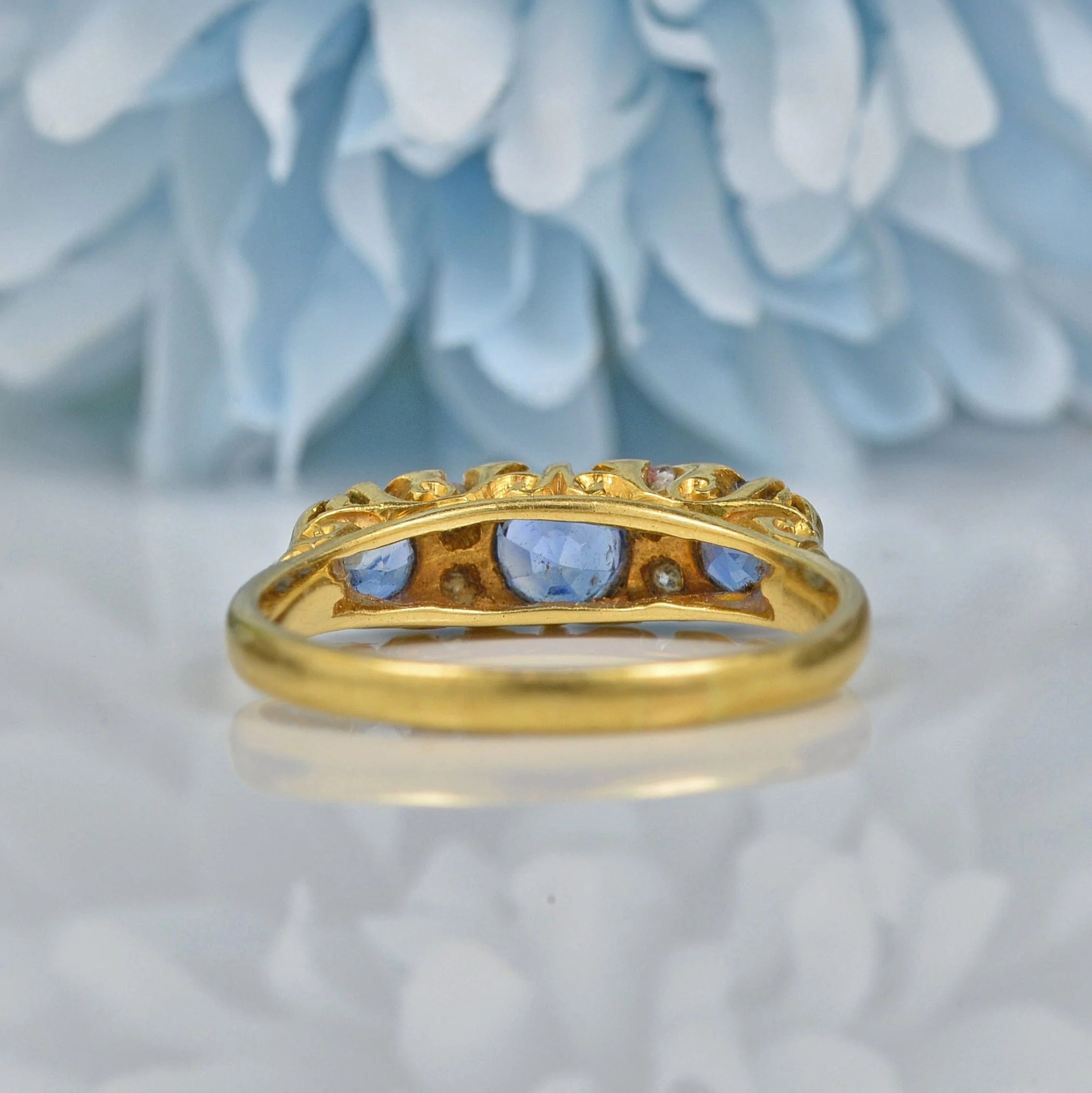 Ellibelle Jewellery ANTIQUE SAPPHIRE & DIAMOND 18CT GOLD CARVED HALF HOOP RING