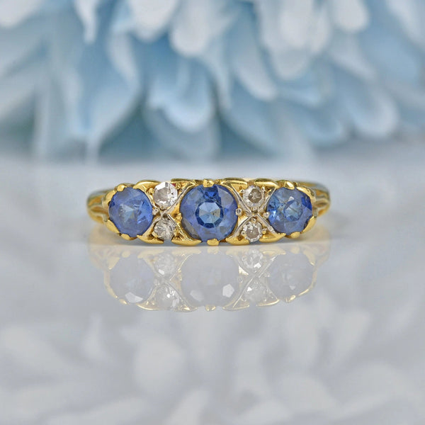 Ellibelle Jewellery ANTIQUE SAPPHIRE & DIAMOND 18CT GOLD CARVED HALF HOOP RING