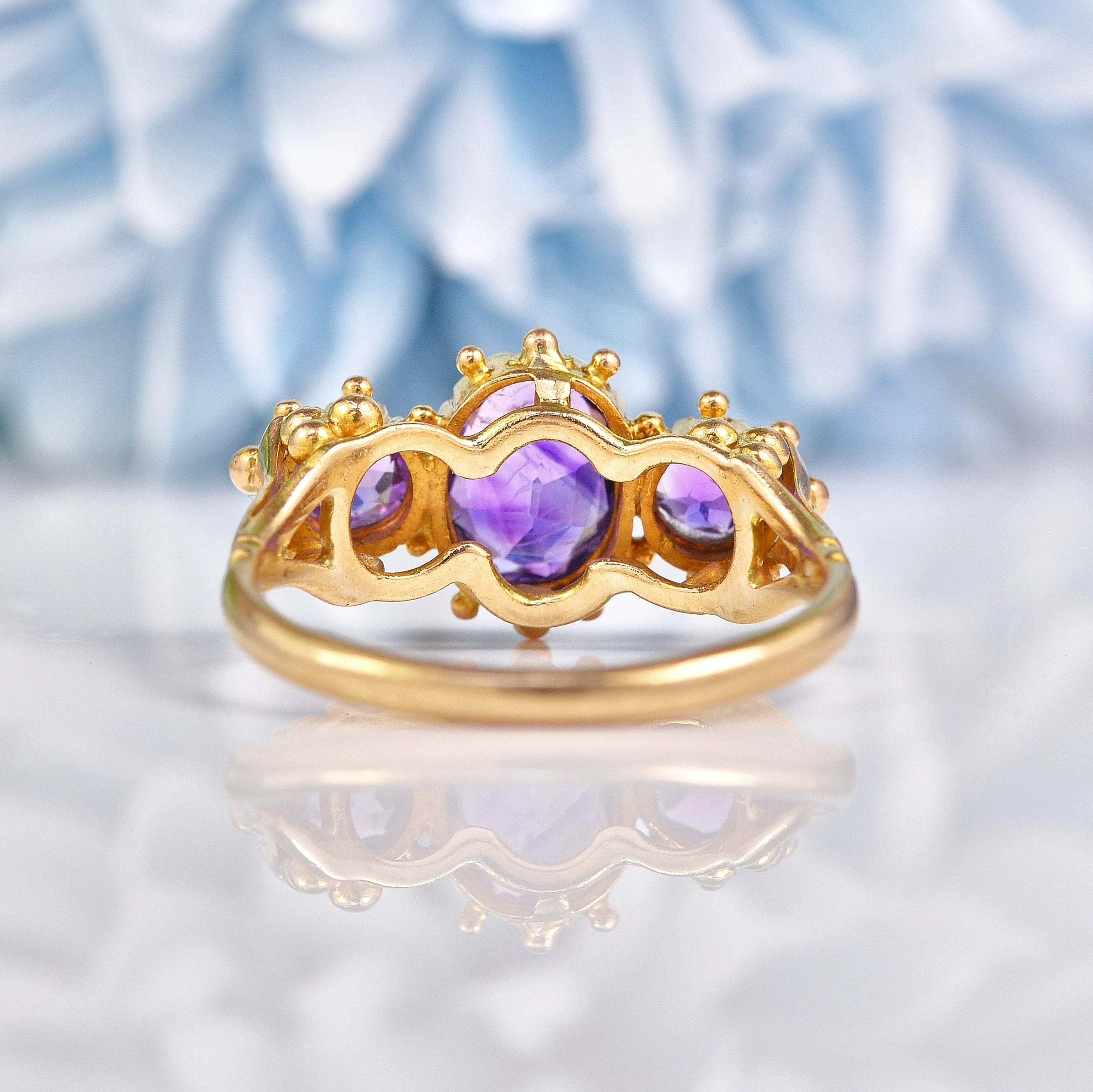 Ellibelle Jewellery Antique Style Amethyst Gold Three Stone Ring