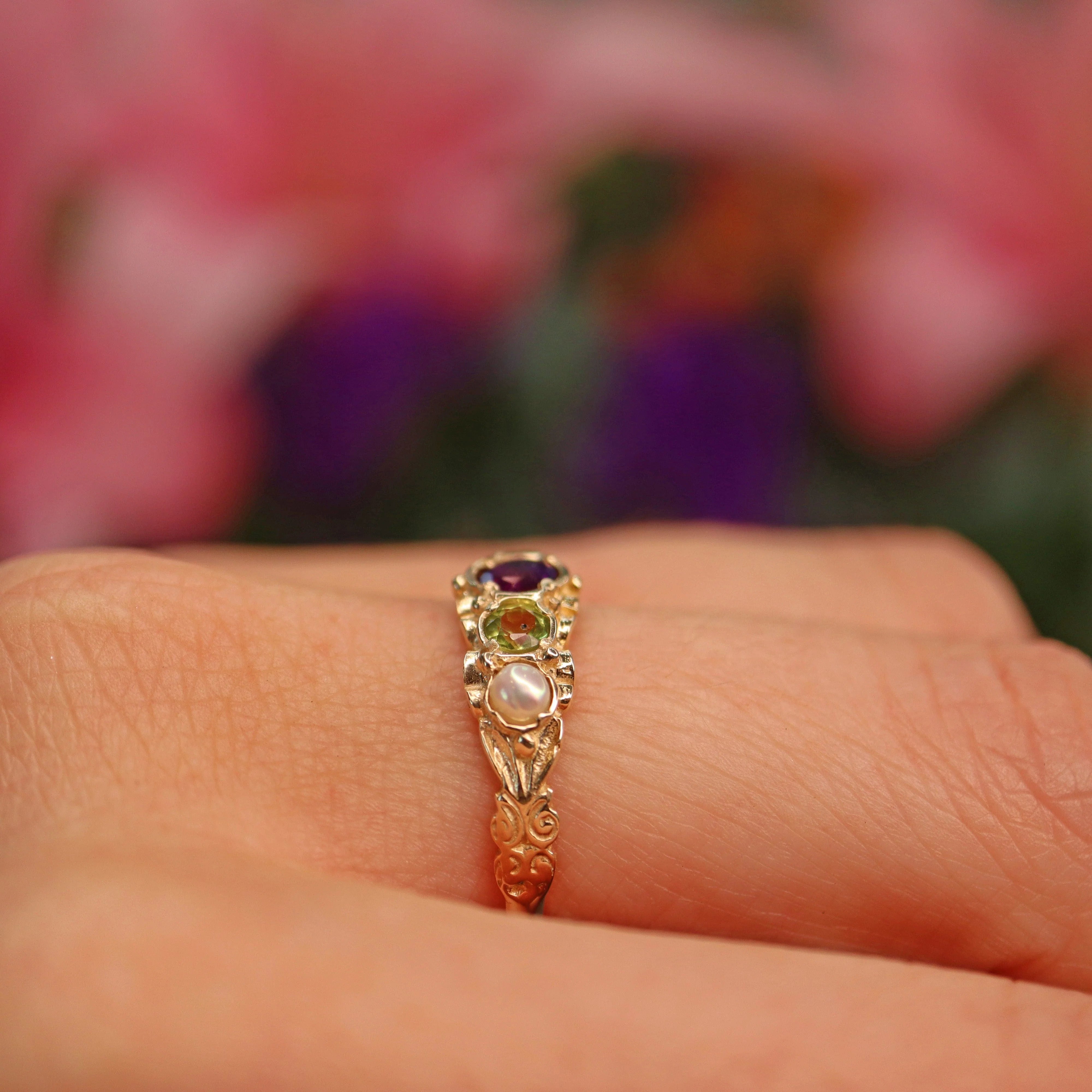 Ellibelle Jewellery Antique Style Amethyst & Peridot Suffragette Ring