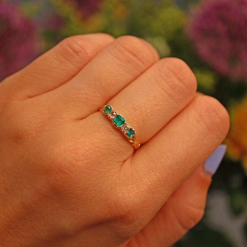 Ellibelle Jewellery Antique Victorian Emerald & Diamond Five Stone Ring