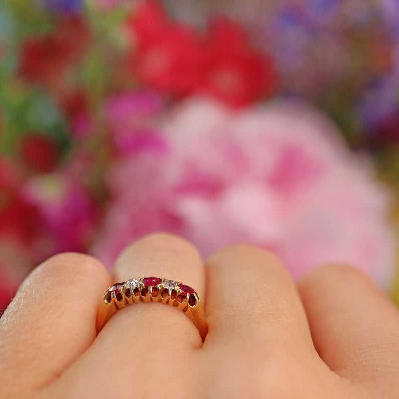 Ellibelle Jewellery Antique Victorian Ruby & Diamond Five Stone Ring