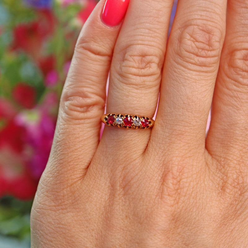 Ellibelle Jewellery Antique Victorian Ruby & Diamond Five Stone Ring