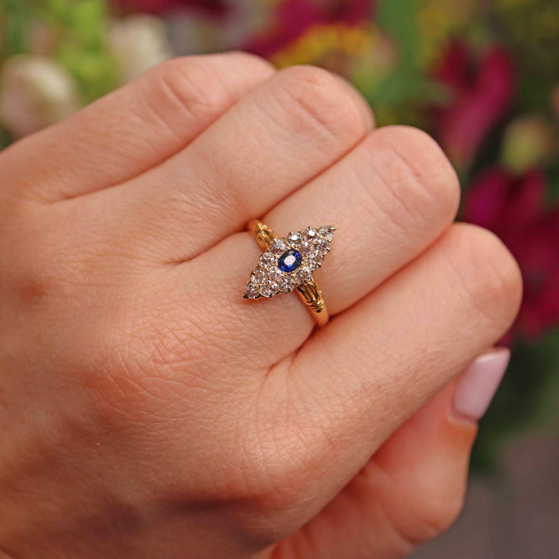 Ellibelle Jewellery Antique Victorian Sapphire & Diamond Navette Cluster Ring