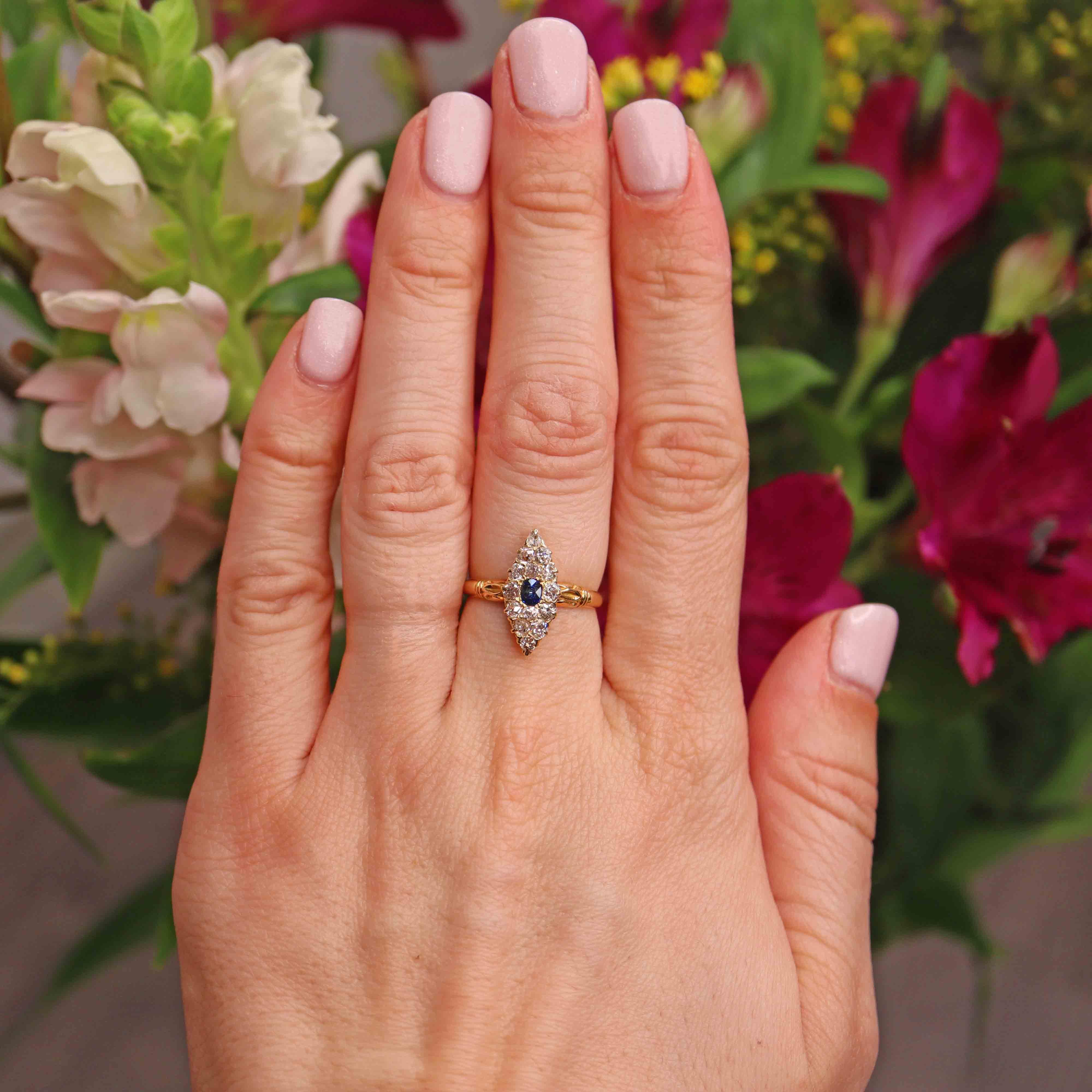 Ellibelle Jewellery Antique Victorian Sapphire & Diamond Navette Cluster Ring