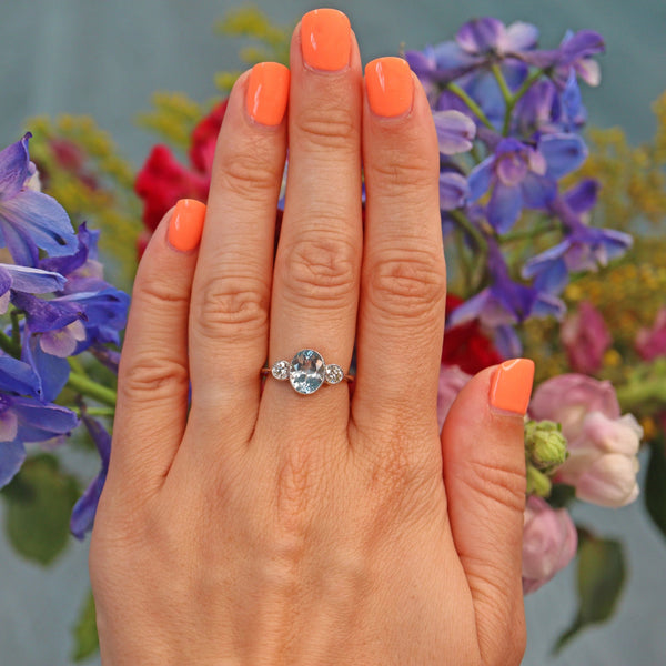 Ellibelle Jewellery Aquamarine & Diamond Platinum Three-Stone Bezel Ring