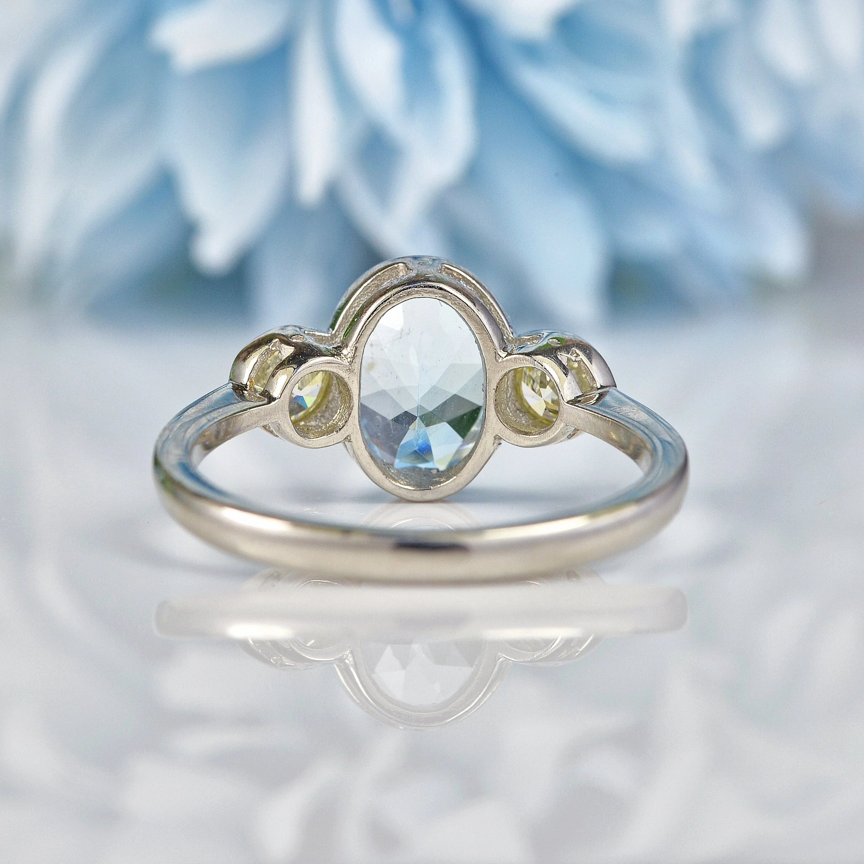 Ellibelle Jewellery Aquamarine & Diamond Platinum Three-Stone Bezel Ring