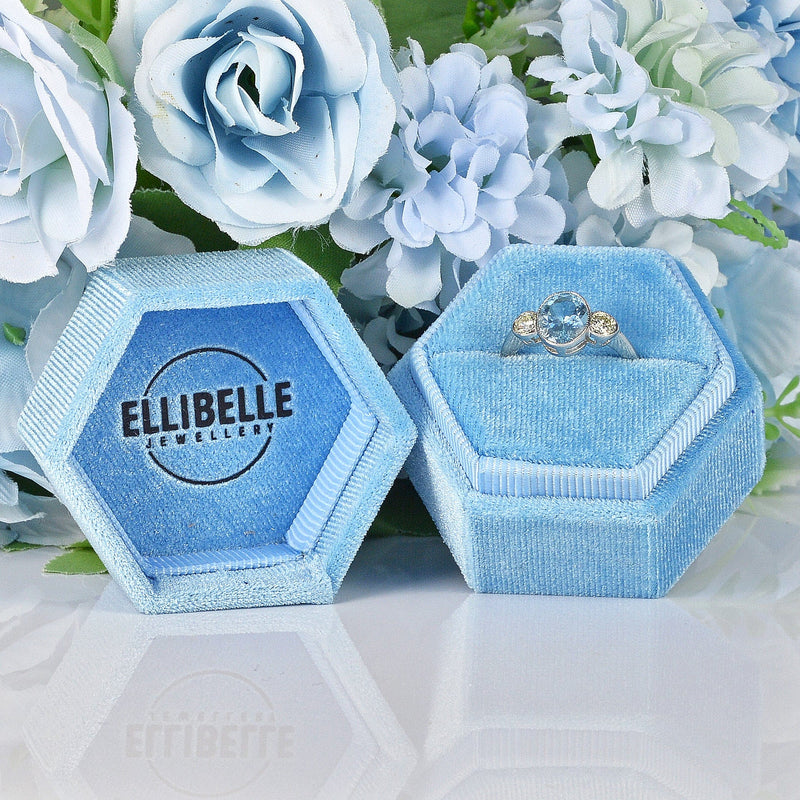 Ellibelle Jewellery Aquamarine & Diamond Platinum Three-Stone Bezel Ring