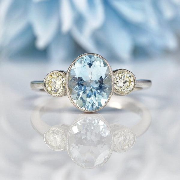 Ellibelle Jewellery Aquamarine & Diamond Platinum Three-Stone Bezel Ring