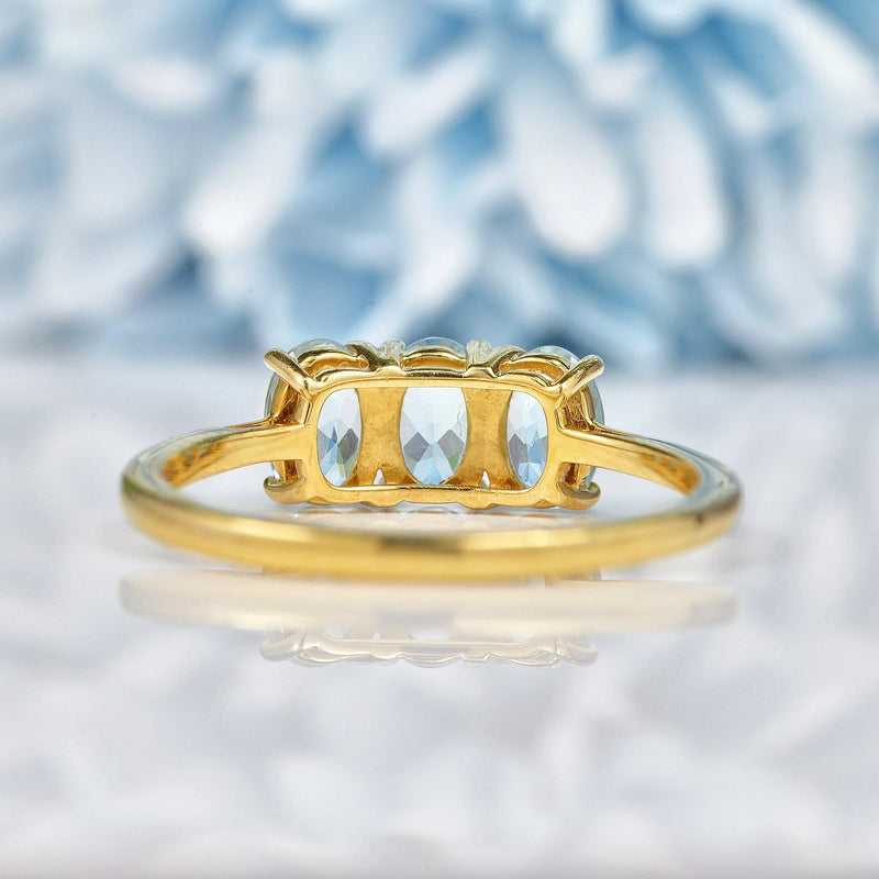 Ellibelle Jewellery Aquamarine Gold Three Stone Trilogy Ring