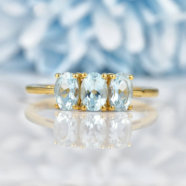 Ellibelle Jewellery Aquamarine Gold Three Stone Trilogy Ring