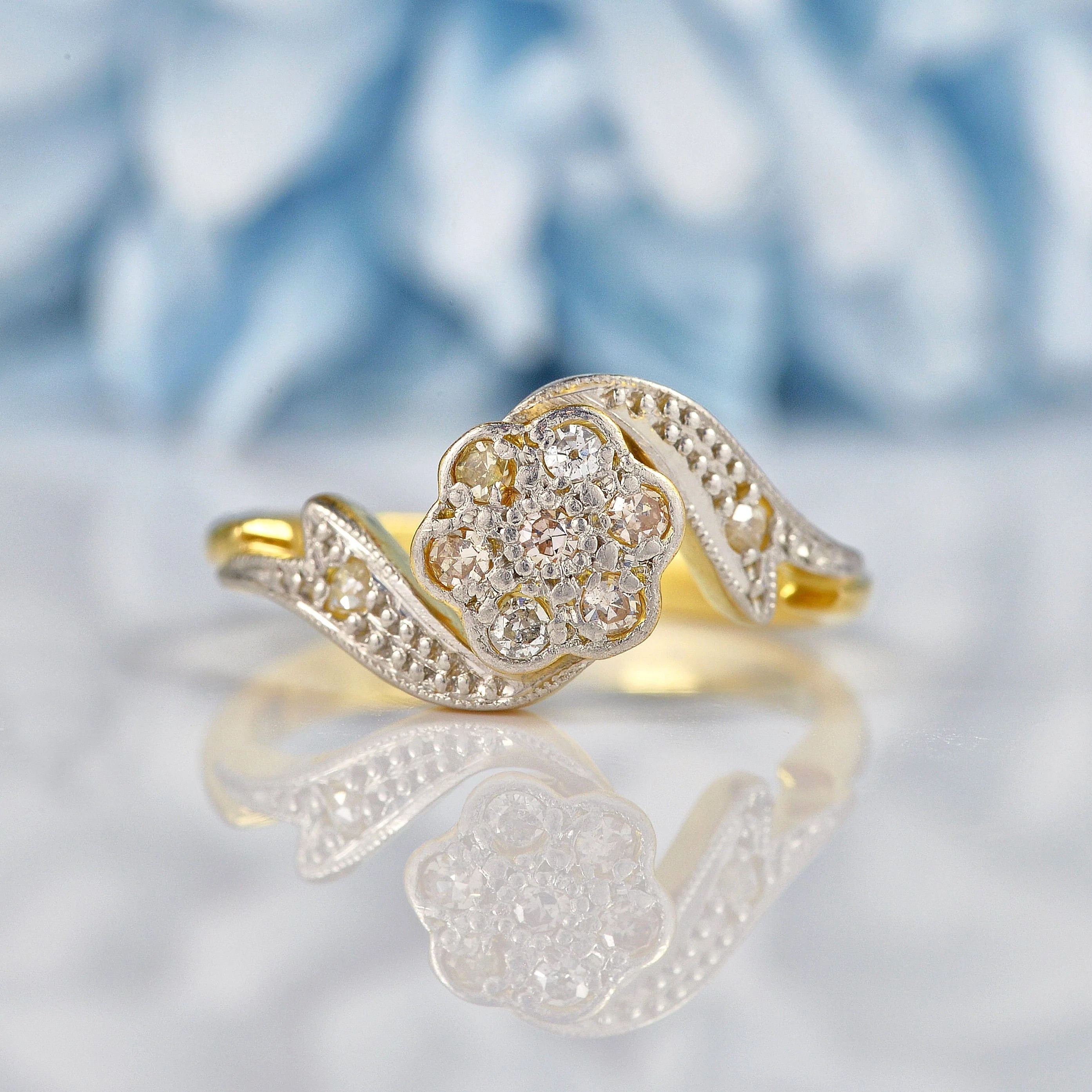 Ellibelle Jewellery Art Deco 1920s Diamond 18ct Gold & Platinum Daisy Ring