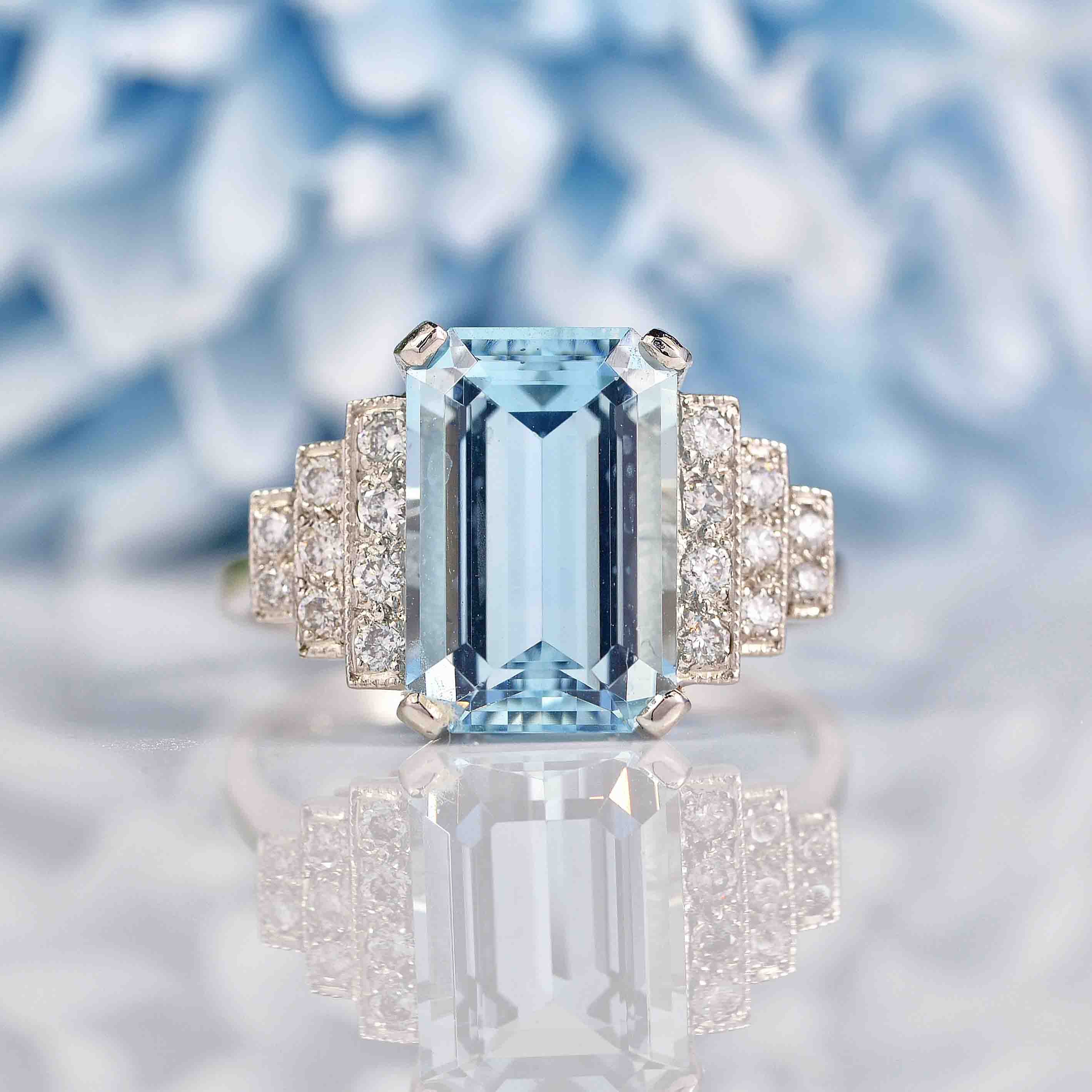 Art Deco 1920S Style Aquamarine & Diamond Platinum Engagement Ring –  Ellibelle Jewellery