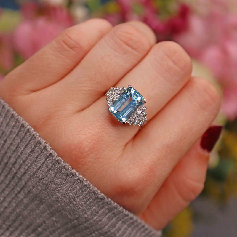 Ellibelle Jewellery Art Deco 1920s Style Aquamarine & Diamond Platinum Engegement Ring
