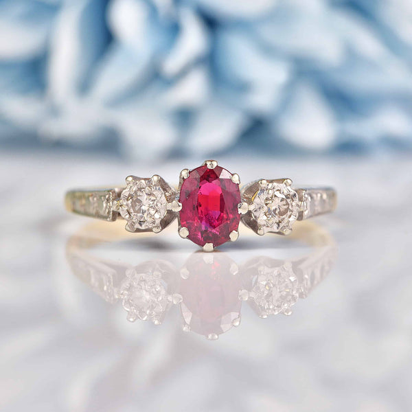 Ellibelle Jewellery Art Deco 1930s Ruby & Diamond 18ct Gold Three Stone Ring