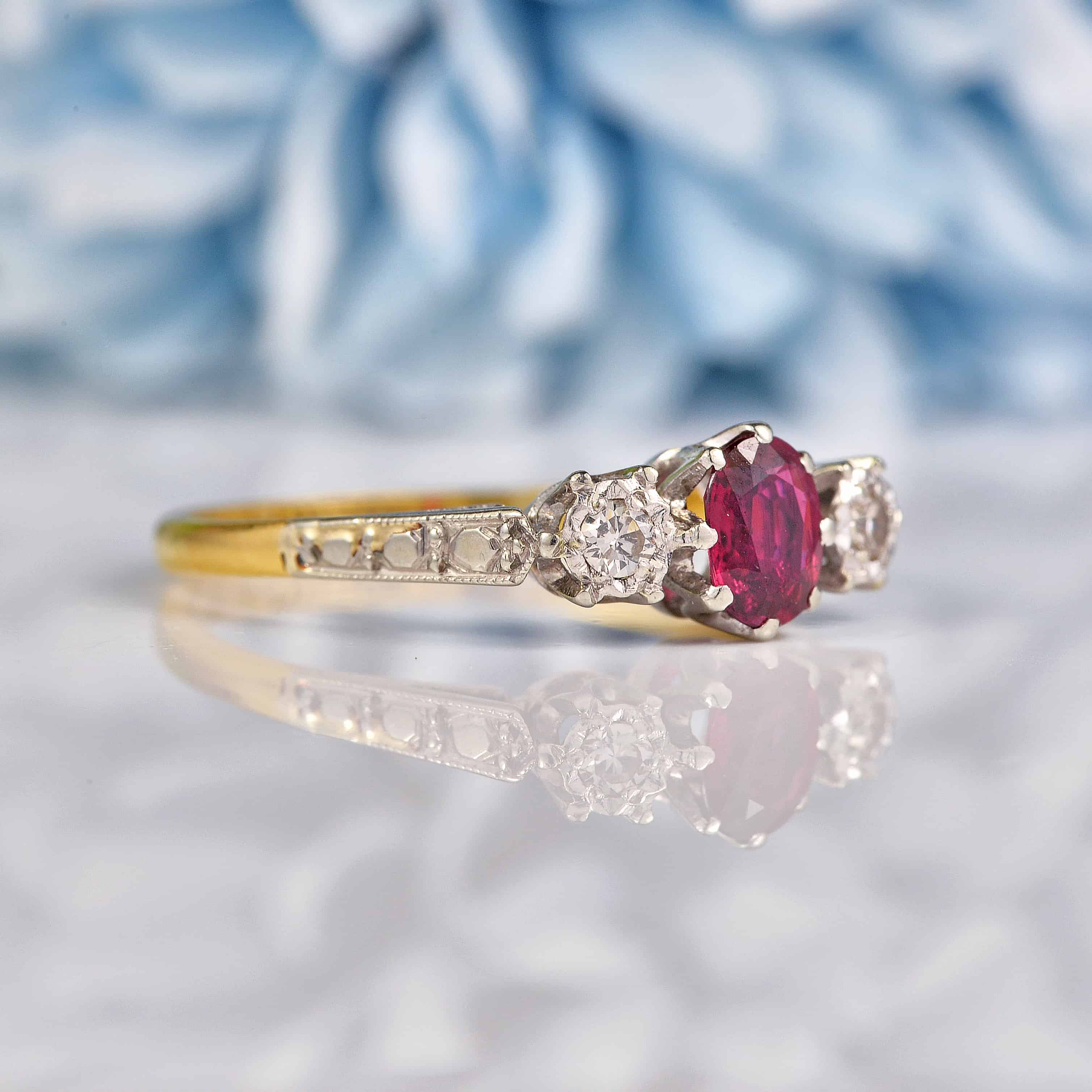 Ellibelle Jewellery Art Deco 1930s Ruby & Diamond 18ct Gold Three Stone Ring
