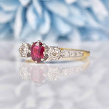 Ellibelle Jewellery Art Deco 1930s Ruby & Diamond 18ct Gold Three Stone Ring