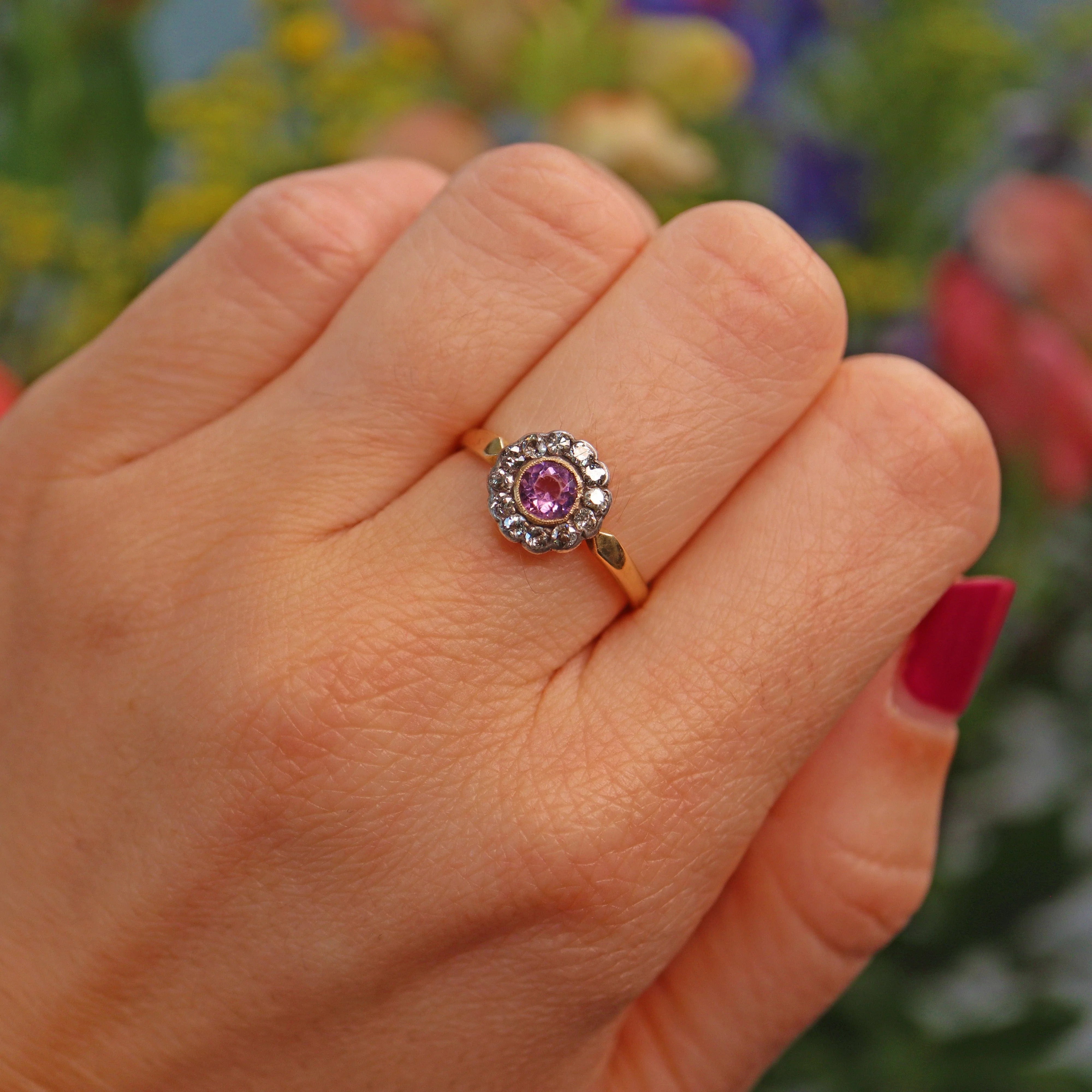 Ellibelle Jewellery Art Deco Amethyst & Diamond Gold Cluster Ring