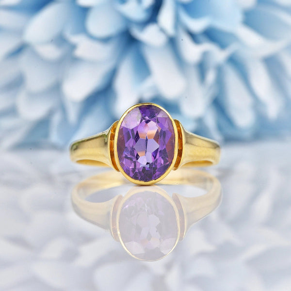 Ellibelle Jewellery Art Deco Amethyst Gold Bezel Solitaire Ring