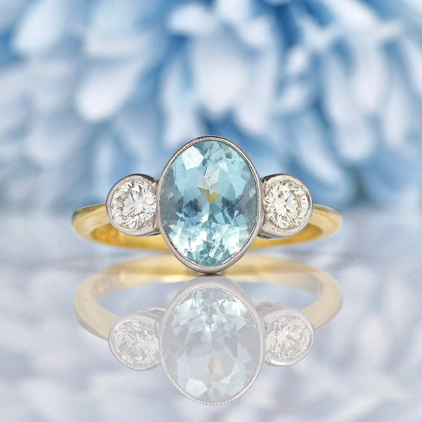 Ellibelle Jewellery Art Deco Aquamarine & Diamond 18ct Gold Three-Stone Ring