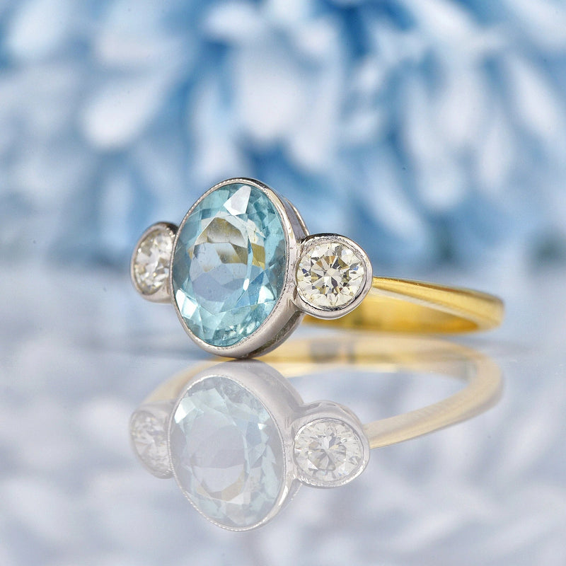 Ellibelle Jewellery Art Deco Aquamarine & Diamond 18ct Gold Three-Stone Ring