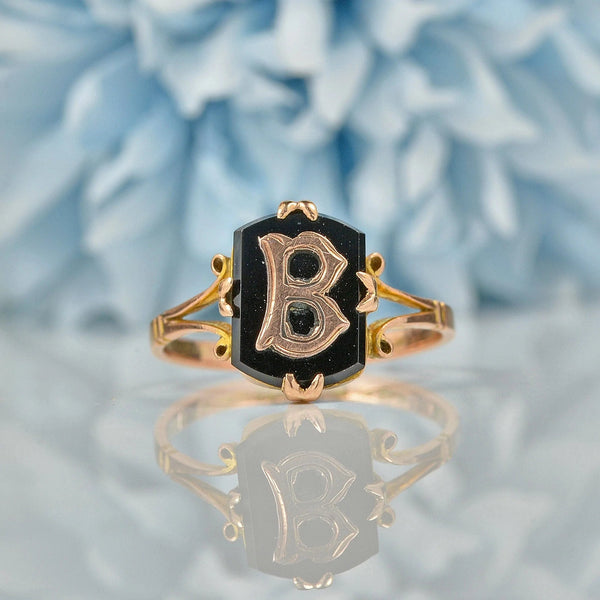 Ellibelle Jewellery ART DECO BLACK ONYX 9CT GOLD INITIAL 'B' SIGNET RING