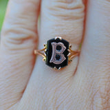 Ellibelle Jewellery ART DECO BLACK ONYX 9CT GOLD INITIAL 'B' SIGNET RING