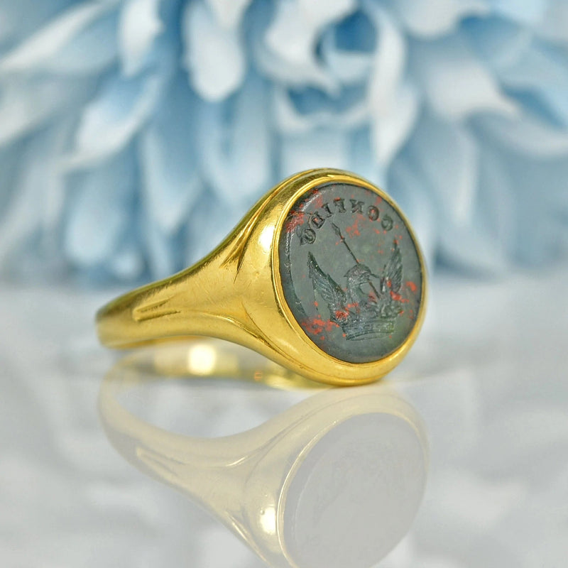 Ellibelle Jewellery ART DECO BLOODSTONE INTAGLIO 18CT GOLD SIGNET RING
