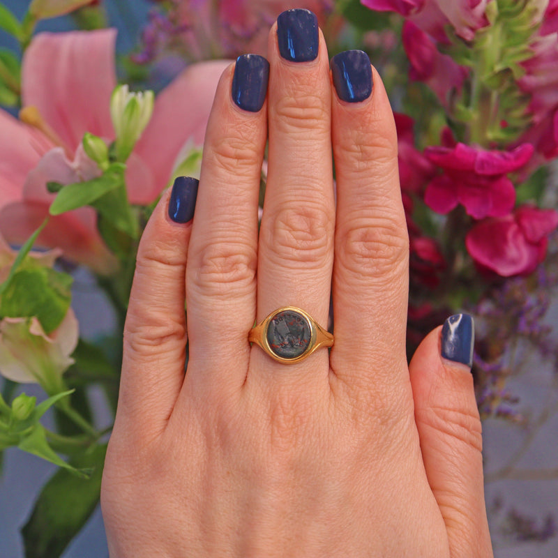 Ellibelle Jewellery ART DECO BLOODSTONE INTAGLIO 18CT GOLD SIGNET RING