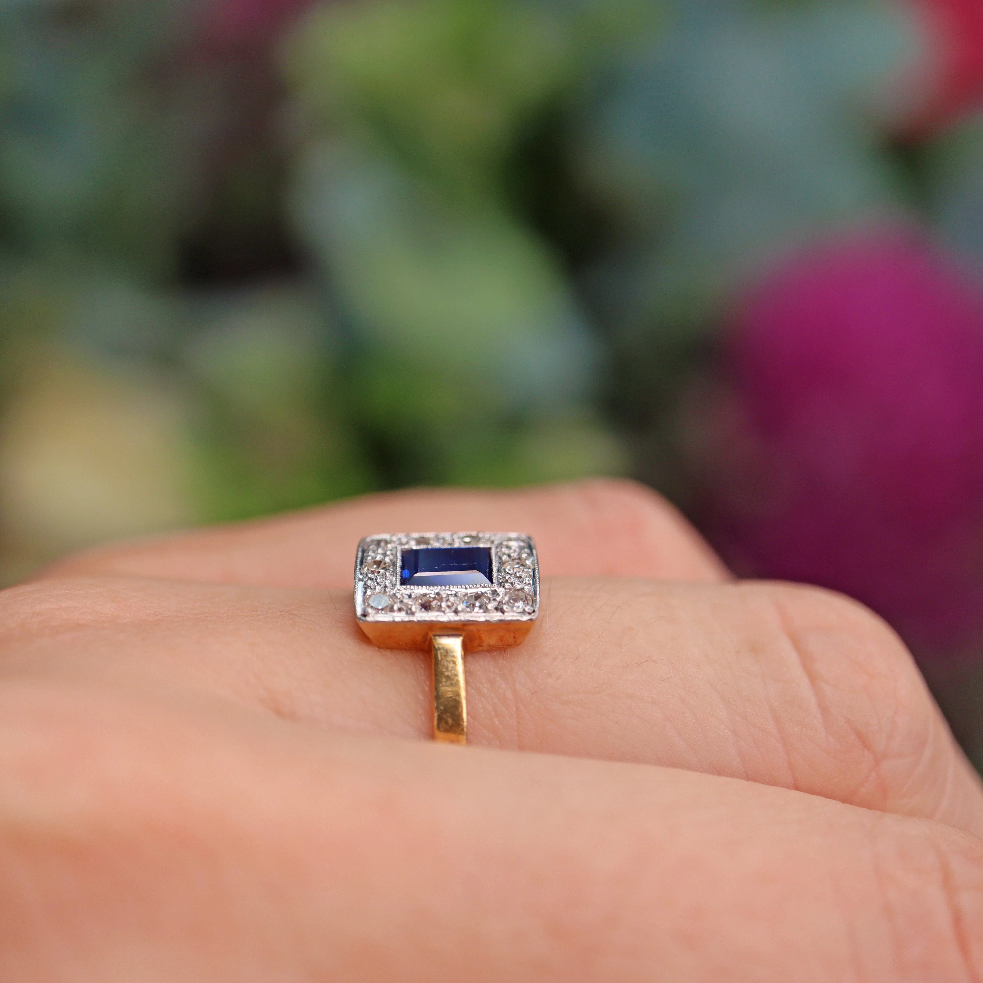 Ellibelle Jewellery Art Deco Blue Sapphire & Diamond Gold and Platinum Panel Ring